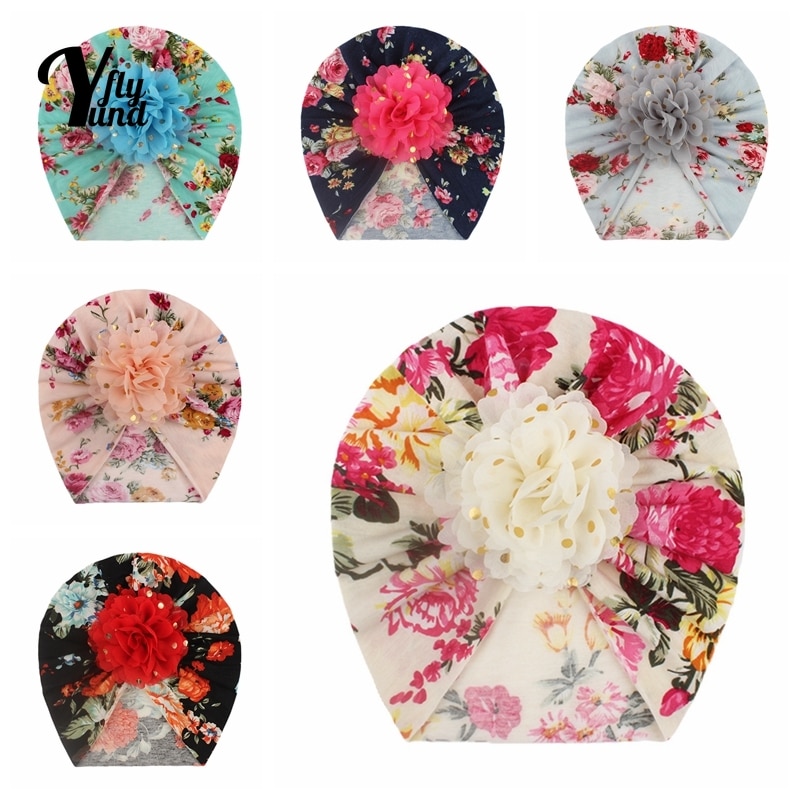 Yundfly Lovely Golden Dots Flower Baby Turban Hat Vintage Floral Pattern Infant Cap Fashion Print Newborn Headwear Birthday Gift