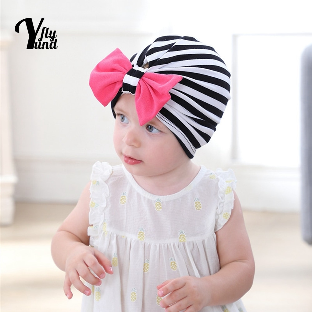 Yundfly Lovely Handmade Bowknot Baby Turban Hat Fashion Striped Knitting Caps Infant Headwear Kids Hair Accessories Holiday Gift