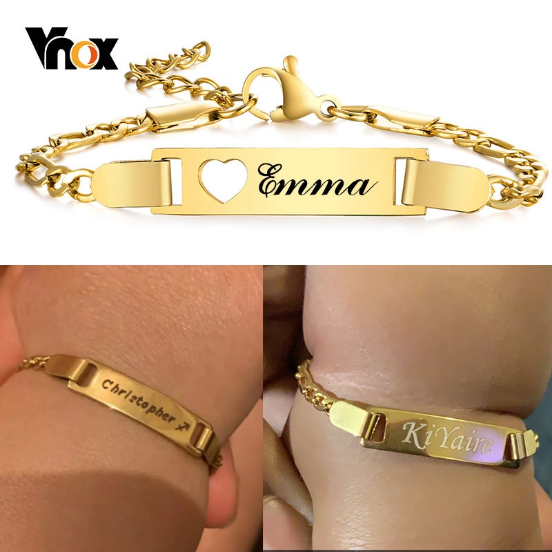Vnox Custom Baby Bracelets,Anti Allergy Stainless Steel Bracelet for Newborns Mom,Personalized Name Birthday Boy Girls Kids Gift