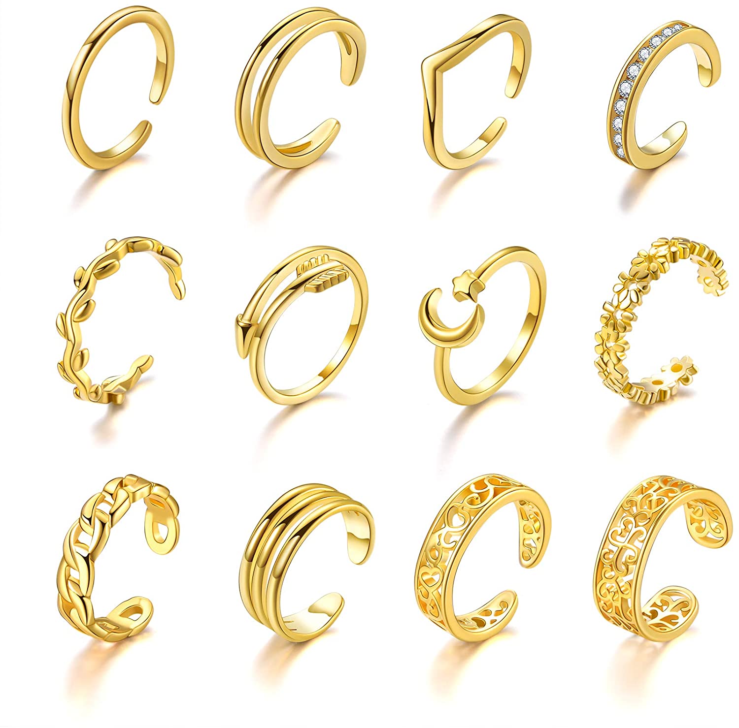 12PCS Adjustable Toe Rings for Women Plated CZ Chain Arrow Moon Hallow Open Toe Ring Set for Women Summer Beach Foot Jewelry