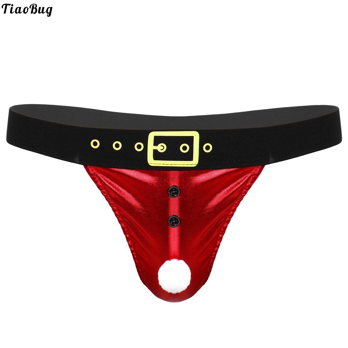 TiaoBug Men Shiny Metallic Santa Lingerie Low Rise Bulge Pouch T-Back Novelty Christmas Costume Thong Briefs Underwear