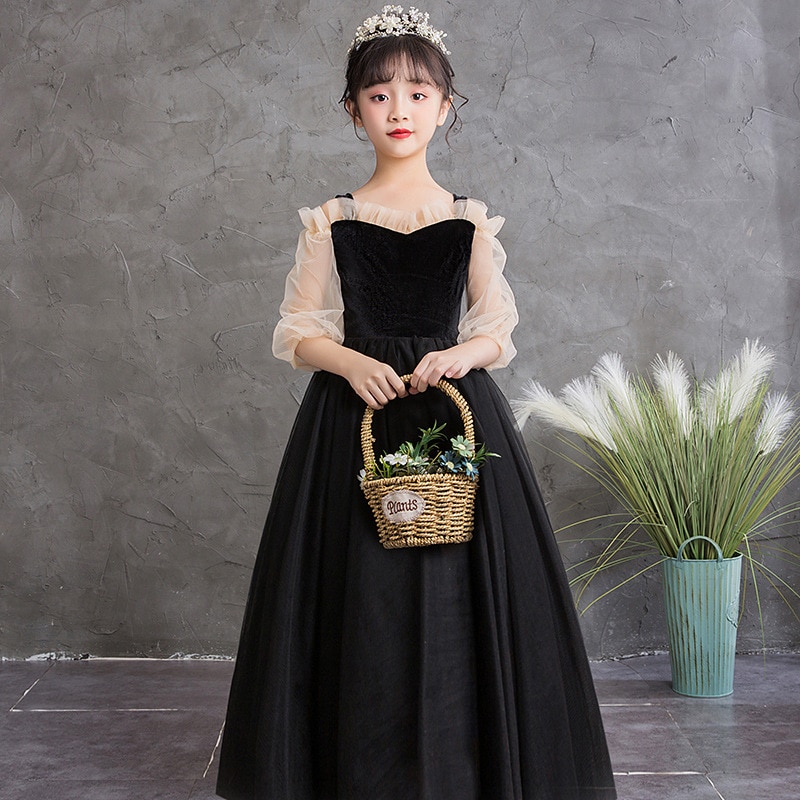 Long Black Prom Dresses for Teens Girls Puff Sleeve Princess Wedding Party Pageant Evening Formal Ball Gown Velvet Child 3/14 Y