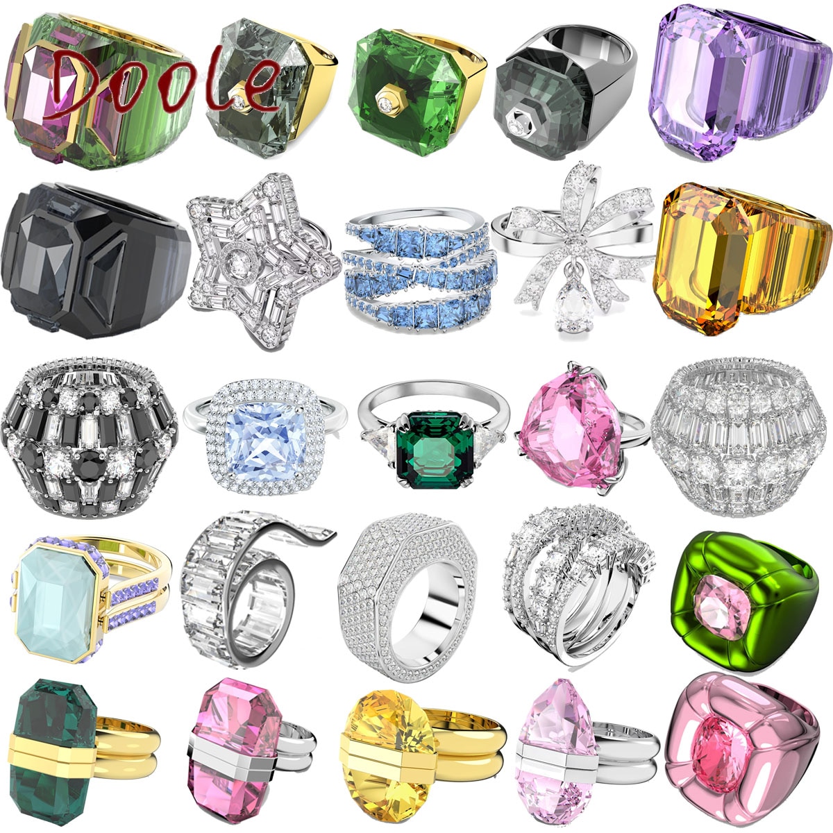 Fashion Jewelry SWA 1:1 Exquisite Green Leaf Hollow Crystal Snowflake, Eyes, Love and Romantic Ladies Ring Jewlery for Women