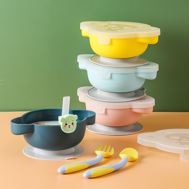 Baby Silicone Suction Cup Bowl Travel Portable Anti-Fall Clothing With Cover Children's Complementary Food Training Basin