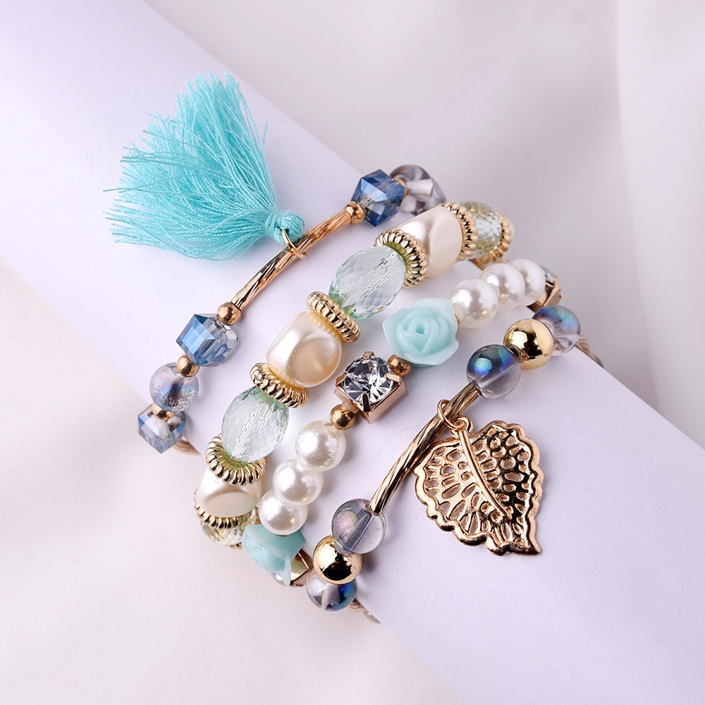 Multilayer Crystal Flower Leaf Tassel Bracelets for Women Bohemian Charm Bracelet Set Boho Jewerly AM3164