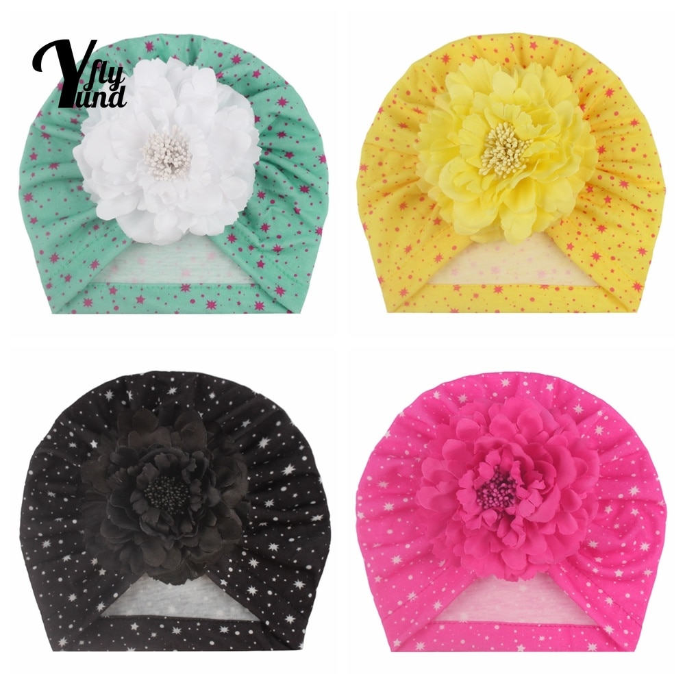 Yundfly Fashion Artificial Flower Baby Turban Hat Cute Stars Print Infant Cap Newborn Headwear Clothing Decoration Birthday Gift