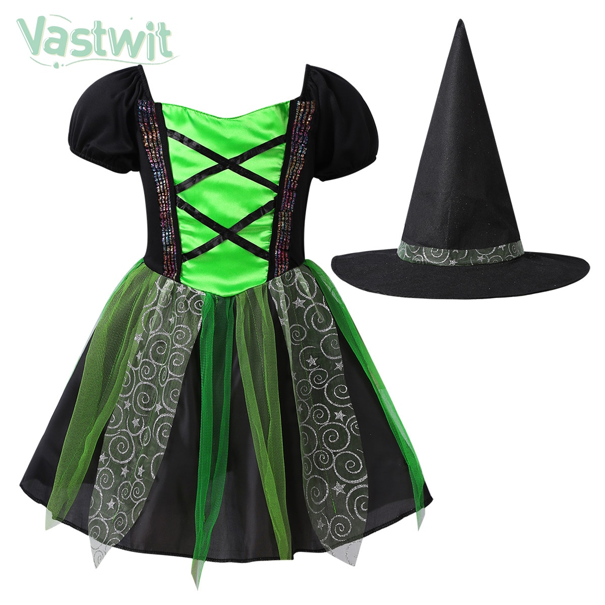 Children Halloween Costumes Wizard Witch Princess Mesh Tutu Dress With Pointy Hat Kid Girls Cosplay Kids Birthday Party Clothes