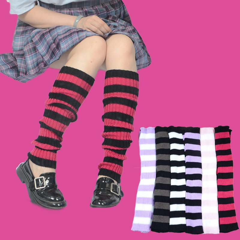 Goth Fashion Leg Warmers Women Stripe Warm Knee High Winter Knit Crochet Foot Warmer Socks Warm E-girl Cosplay Pile Up Socks