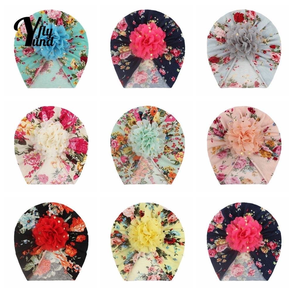 Yundfly 18*17 CM Toddler Soft Comfortable Flowers Hat Vintage Floral Pattern Baby Girl Turban Cap Newborn Headwear Birthday Gift