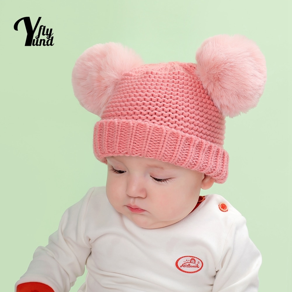 Yundfly Toddler Solid Color Knitting Wool Caps Comfortable Warm Baby Furball Hats Newborn Headwear Hair Accessproes Photo Props
