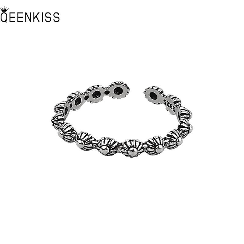 QEENKISS RG692 Fine Jewelry Wholesale Fashion Woman Girl Birthday Wedding Gift Sun Flower Round 925 Sterling Silver Opening Ring