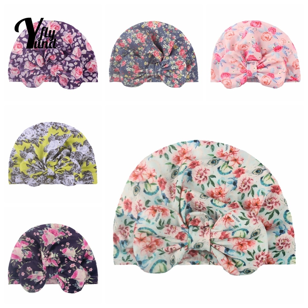 Yundfly 19*17 CM Fashion Flowers Pattern Baby Girls Turban Hat Cute Print Bowknot Newborn Caps Bows Headwear Hair Accessories