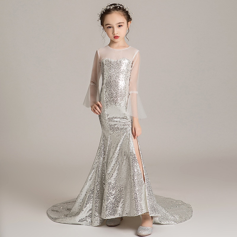 Big Kids Long Mermaid Dress Formal Party Evening Gowns for Girls Size 12 To 14 Years Child Black Cocktail Elegant Dress Sequined