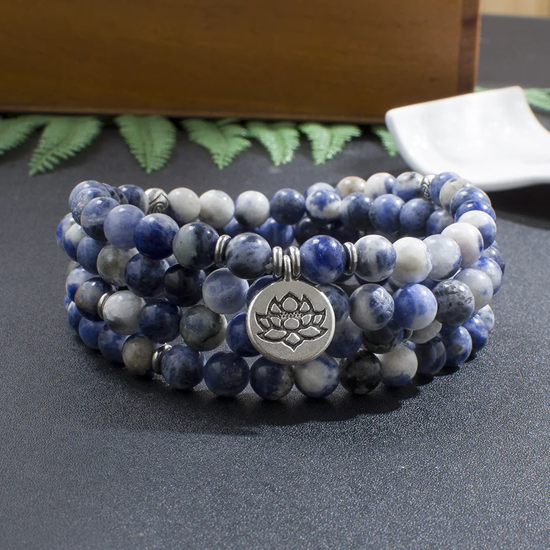 Natural 8mm Flower Sodalite Beaded Elastic Wrap 108 Mala Bracelet Meditation Yoga Healing Jewelry