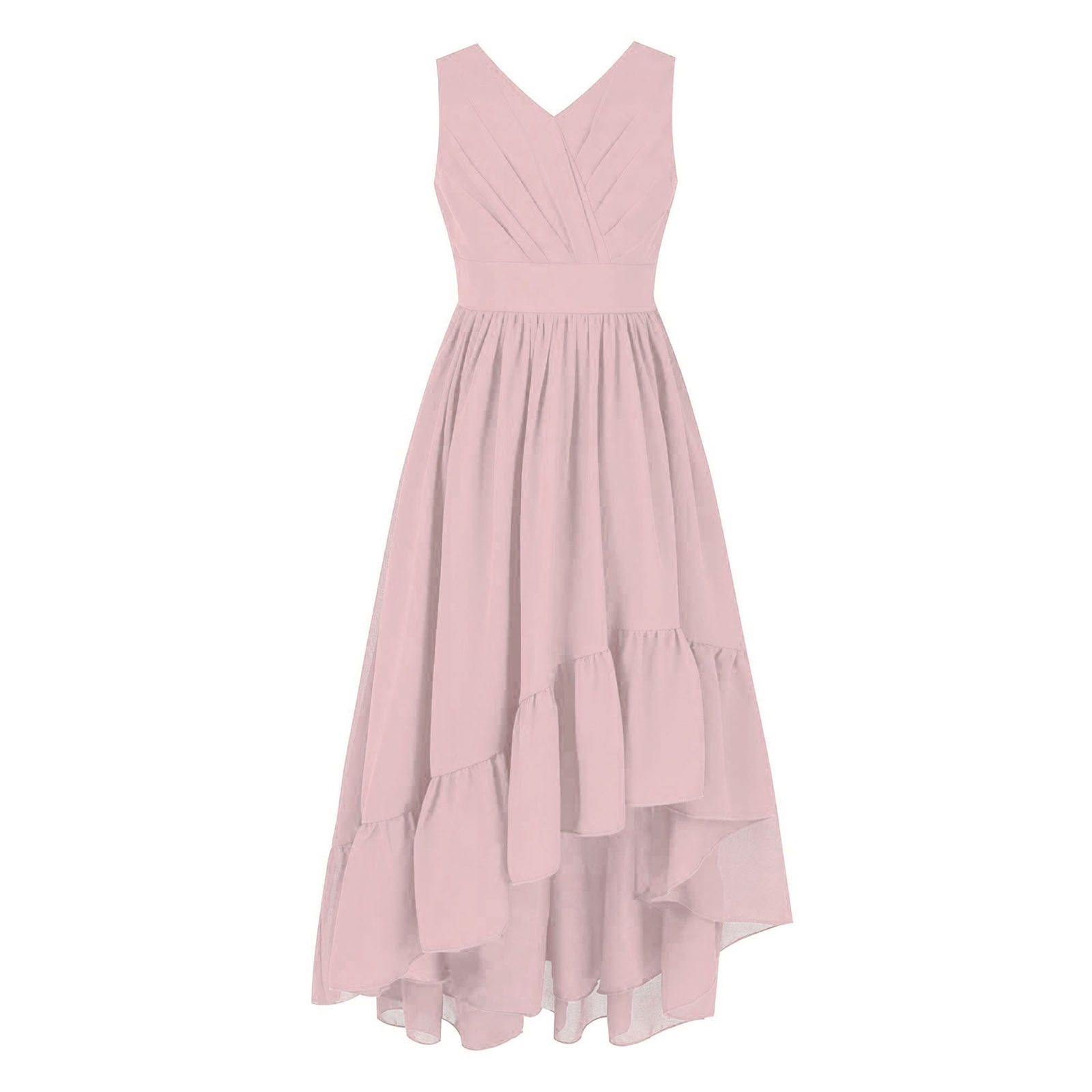 2021 Kids Girls Summer Wedding Party Casual Dresses V Neck Wide Shoulder Straps Pleated Ruffle Hem High-low Hem Chiffon Dress