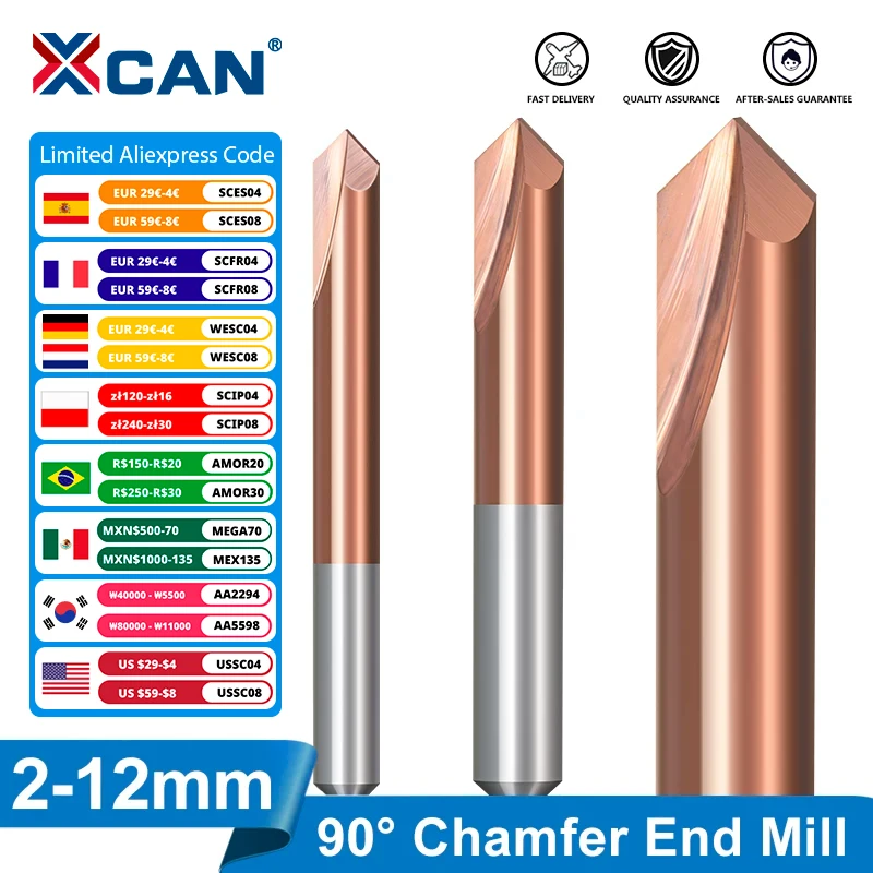 XCAN Chamfer Mill 2-12mm 90 Degrees Chamfering Cutter Carbide End Mill Wood Metalworking Milling