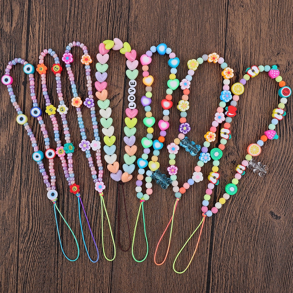Colorful Acrylic Bead Flower Evil Eye Heart Fruit Mobile Phone Chain Cellphone Strap Anti-lost Lanyard For Women Jewelry