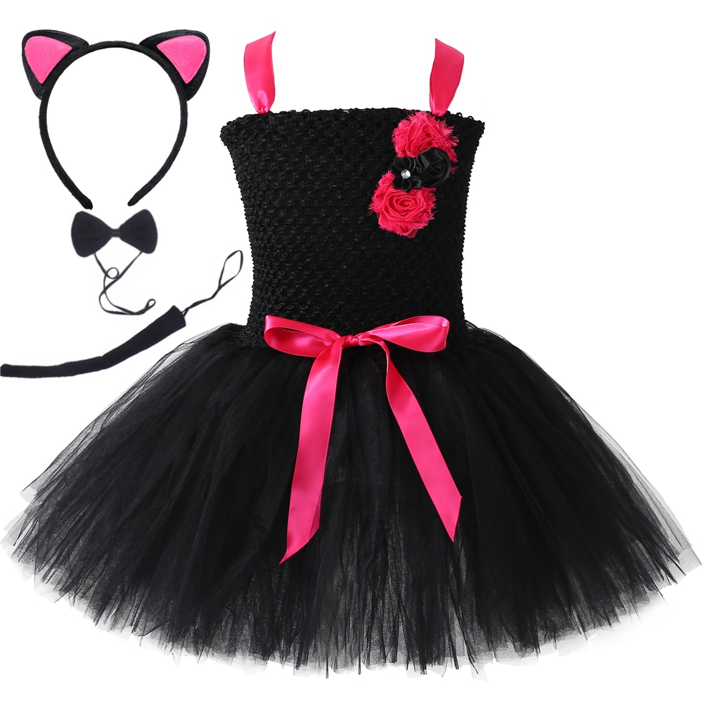 Black Cat Costume for Girls Toddler Birthday Party Fancy Tutu Dress Hairband Tie Tail Kids Halloween Costumes Children Clothing