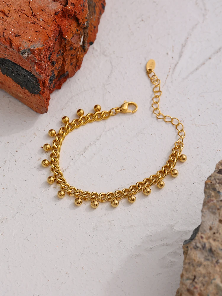 Yhpup 316L Stainless Steel Bead Bracelet for Women Gold Color Metal Trendy 18K Bangle Waterproof