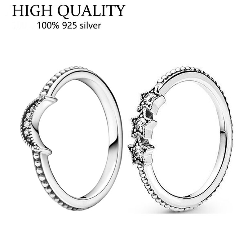 2021 New 925 Sterling Silver Shining Moon And Star Pan Ring Is Suitable For Women's Gift Wedding Diy Jewelry