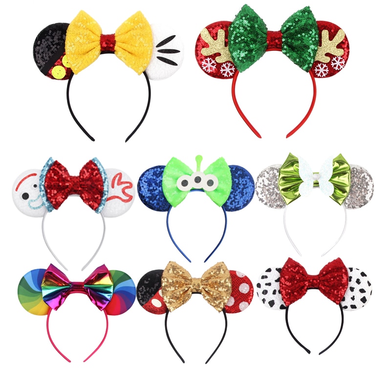 Newest Mickey Mouse Ears Headband Cartoon Sequins 5"Bow Headwear Girls Children Festival Party DIY Hair Accessories