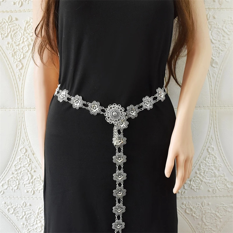 Retro Style Alloy Waist Chain Body Chain Silver Color Flower Tassel Bells Pendant Belly Chain for Women Waist Chain Jewelry