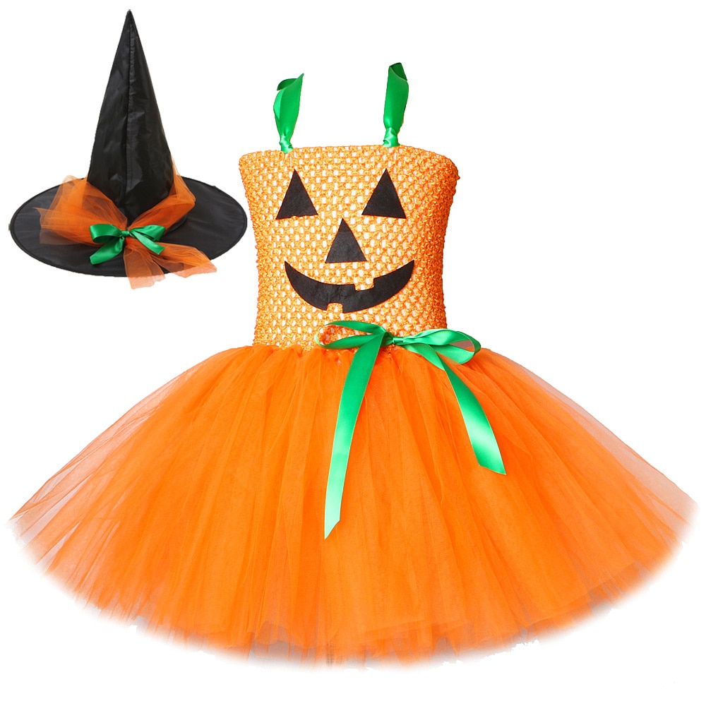 Pumpkin Dresses for Baby Toddler Girls Tutu Dress with Witch Hat Halloween Costume Kids Girl Pumpkin Clothes for Carnival Party
