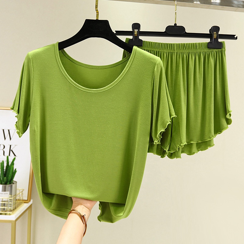 Sexy Sleepwear Home Clothes Loose Pajamas Set With Round Neck 2pcs Modal Female Shirt&shorts Sleep Suit Solid Kimono Bath Ro