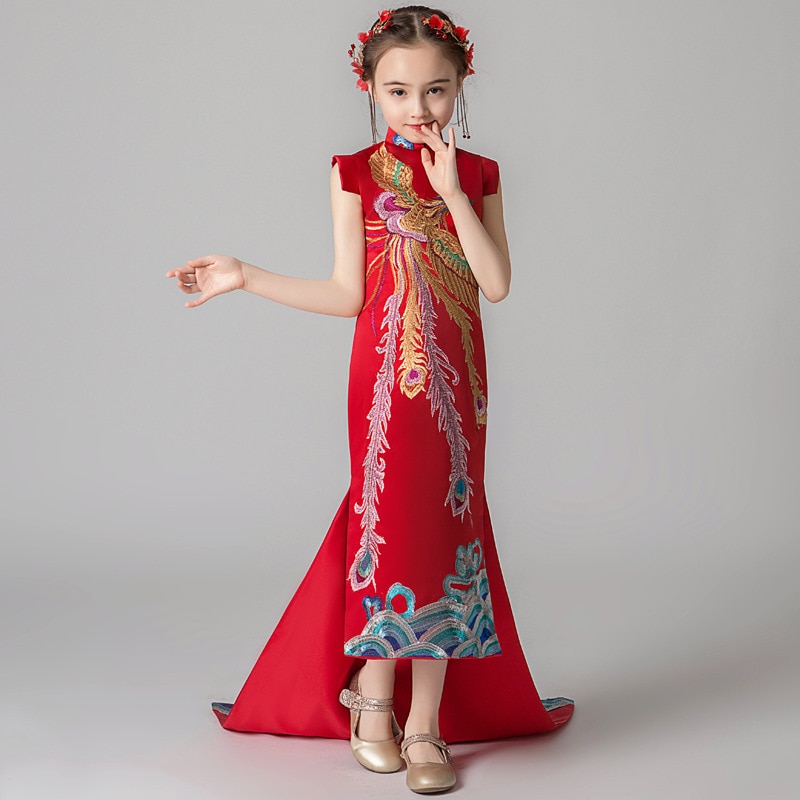 Long Party Gowns for Teen Girls Children Gala Phoenix Red Chinese Style Dresses Kids Happy Birthday Evening Mermaid Dress 3 14 Y