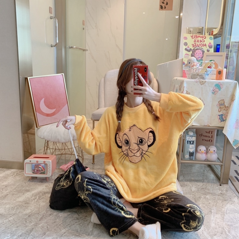 Disney Autumn Winter Warm Thick Flannel Women Simba Winnie the Pooh Pyjamas Sets Long Sleeve The Lion King Sleepwear Pajamas Set