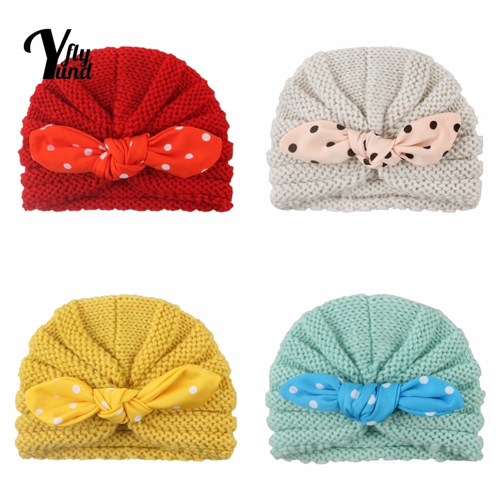 Yundfly Fashion Dots Print Bunny Ears Infant Hats Autumn and Winter Soft Warm Knitting Wool Caps Baby Headwear Photography Props