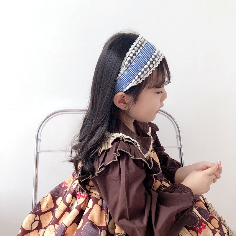 New Korean Style Retro Plaid Stitching Lace Children's Headband Head Buckle Hairpin