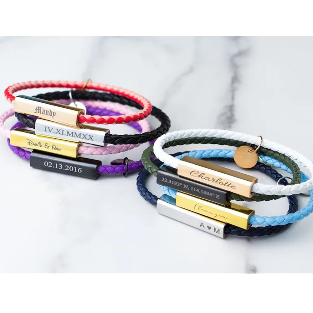 Multicolor Stainless Steel Clasps Braided Rope Genuine Leather Bracelets Personalized Custom Name/Date/Text Charm Bracelets