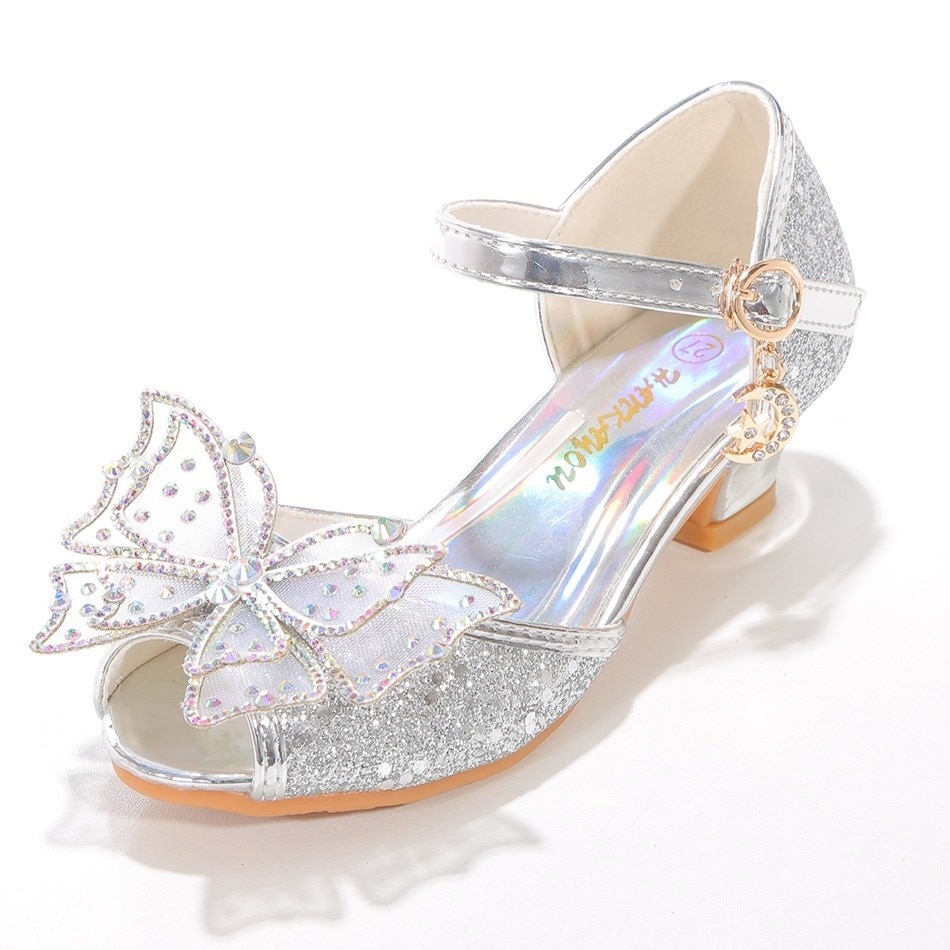 Cinderella Shoes for Girls Heel Kids Princess Dress Party Leather Wedges Children Butterfly Slip On Wedding Ballerina Flats
