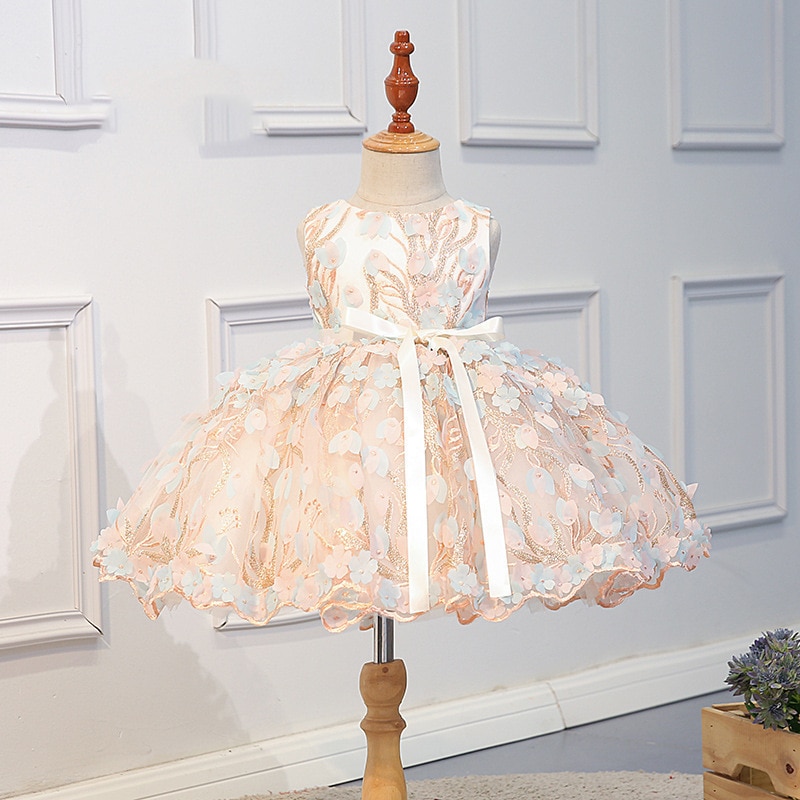 Newborn Baptism Dress For Baby Girl Floral Appliques First Birthday Party Wear Cute Lace Christening Gown Tutu Infant Clothing