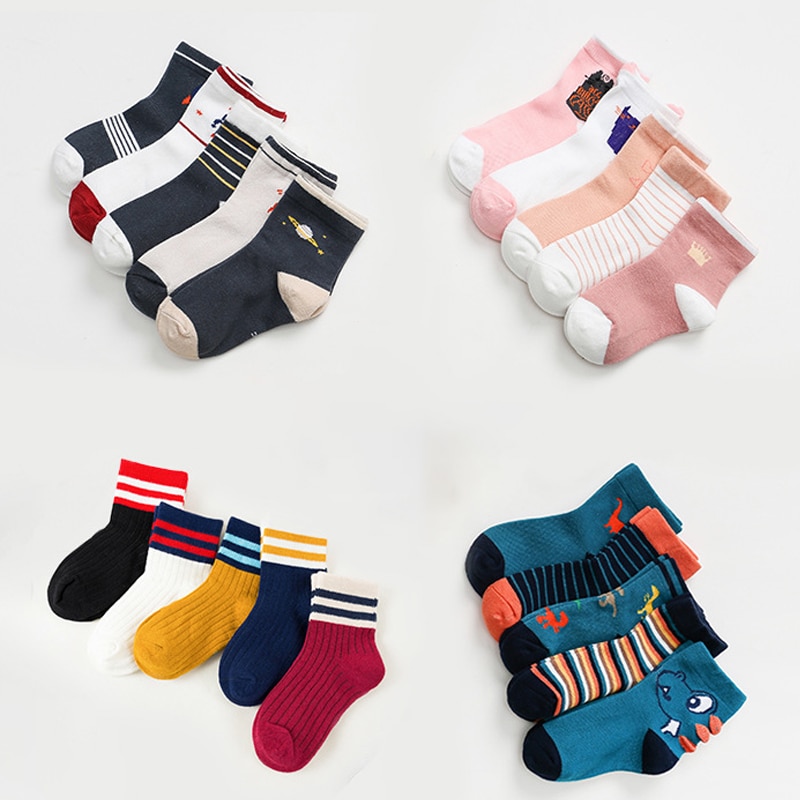 5 Pairs Baby Cartoon Middle Tube Socks Soft Breathable Autumn Winter Boy Cotton Socks Keep Warm Floor Anti-skid Girls Socks