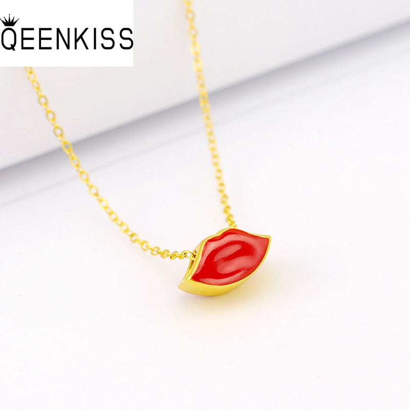 QEENKISS NC577 Fine Jewelry Wholesale Fashion Woman Girl Birthday Wedding Gift Exquisite Red Lips 24KT Gold Pendant Necklaces