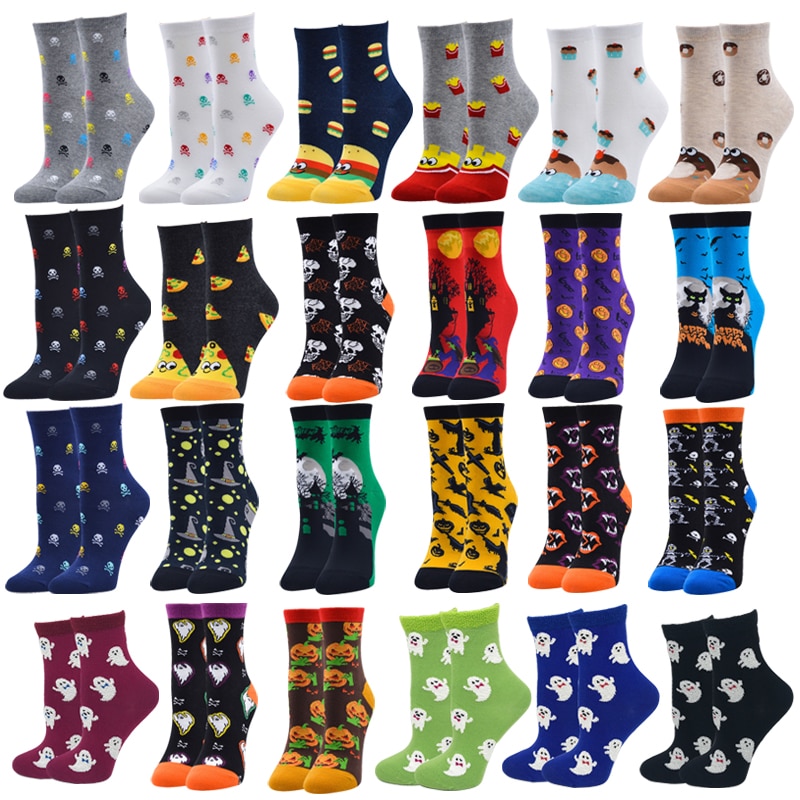 Women's Socks Harajuku Cotton Art Colorful Cartoon Cute Funny Kawaii Food Halloween Ghost Pumpkin Socks for Girl Christmas 