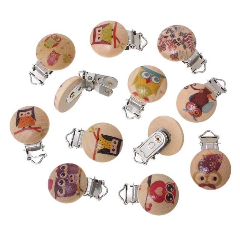 5PCS Wooden Baby Infant Pacifier Holder Soother Chain Round Clips with Metal Holders Kids Feeding 4.4cm x 2.9cm