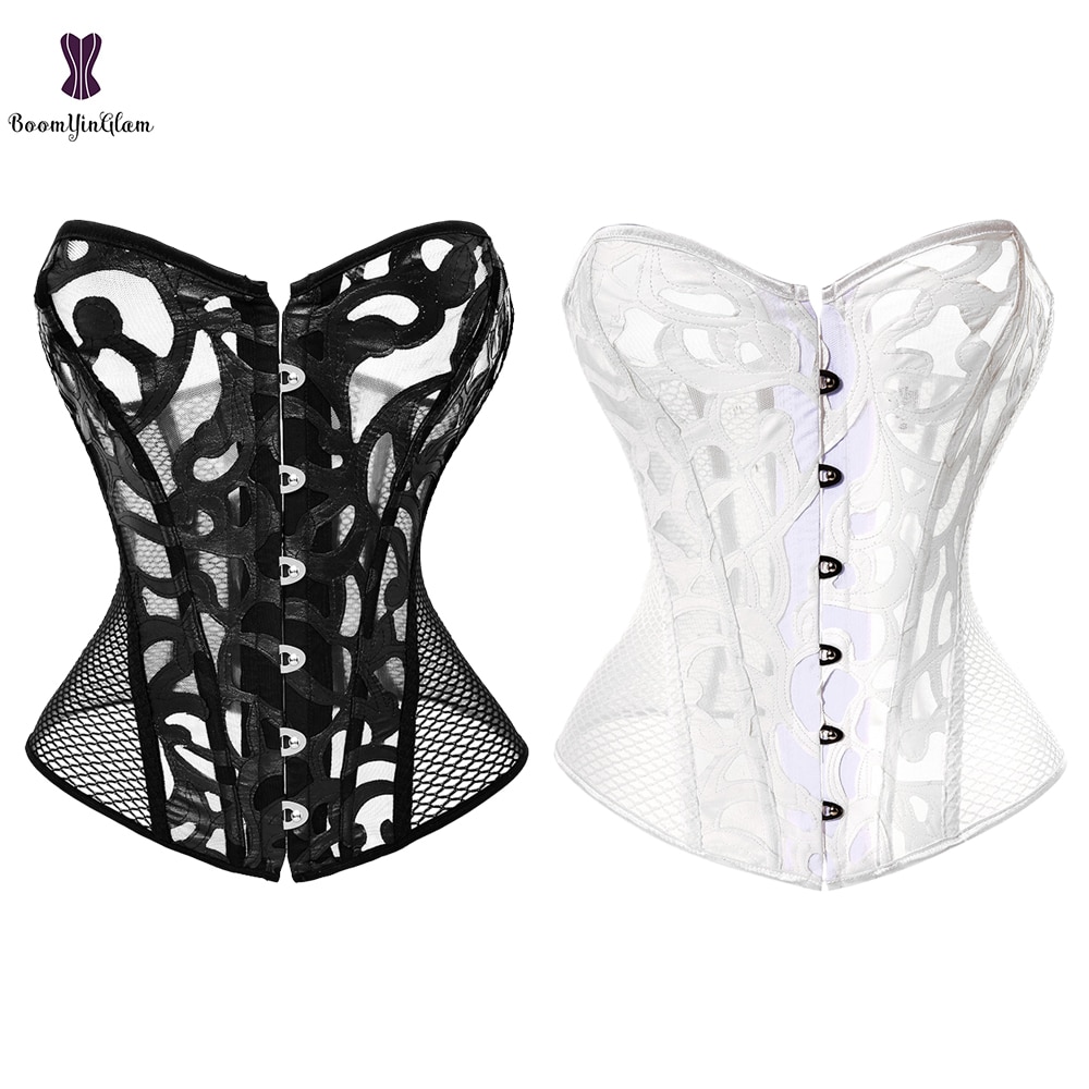 Steampunk Lace up Overbust Corset Top Black White Hollow Out Mesh Sexy Waist Trainer Bustier