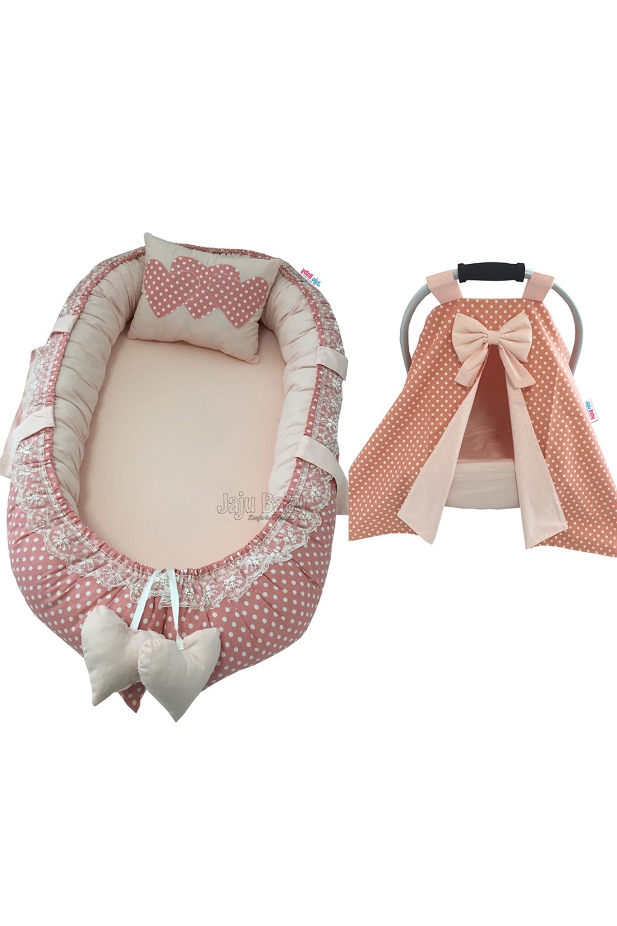 Jaju Baby Handmade, Polka Dot Pink Design Babynest, Stroller Cover and Stroller Cushion Set of 3 Mother Side Portable Baby Bed
