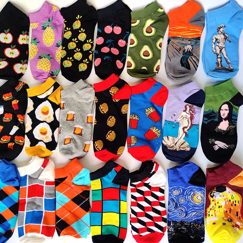 12 Pairs/Pack Men Ankle Socks Cotton Avocado Banana Fruit Graffiti Plaid Stripe Summer Casual Fashion Soft Funny Short Boat Sock