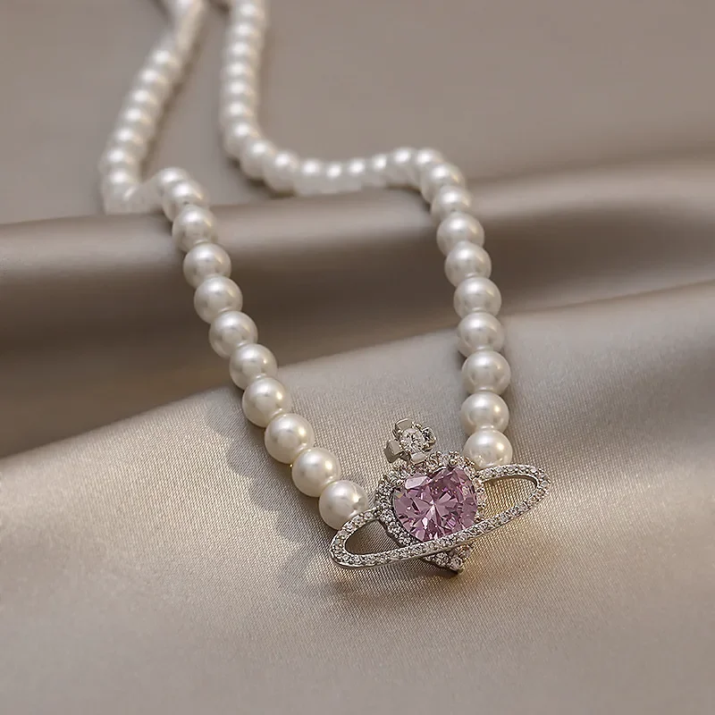 SHANGZHIHUA Korean Fashion Purple Heart Crystal Stud Necklace For Women Elegant Planet Pendant