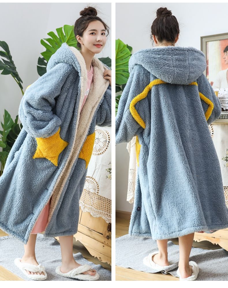 Women Fleece Hooded Bathrobe Women's Princess Robe Ankle Lightweight Cotton Soft Fluffy Warm Sherpa Shaggy Bathrobe Kimono 