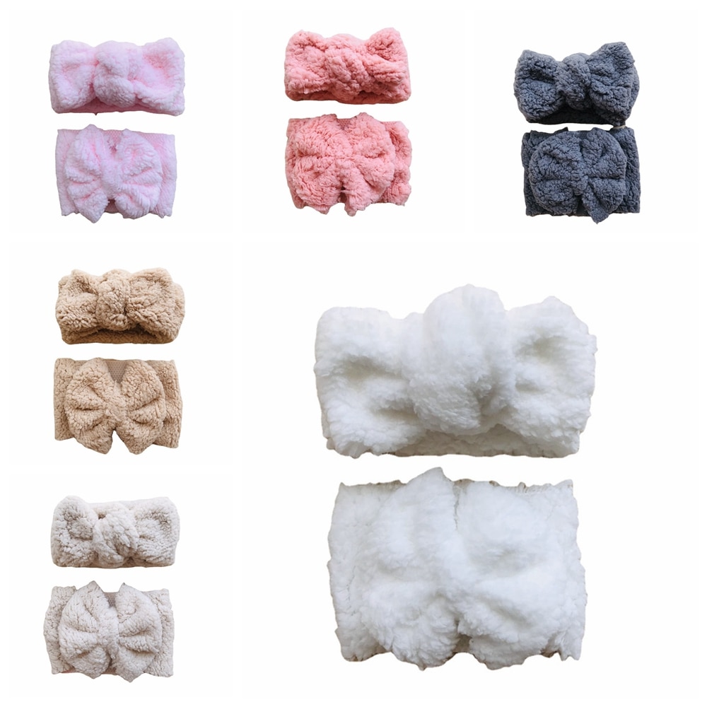 Children's Solid Color Knotted Elastic Hairband Two Piece Set Fashion Warm Teddy Velvet Infant Headband Kids Hair Accessori