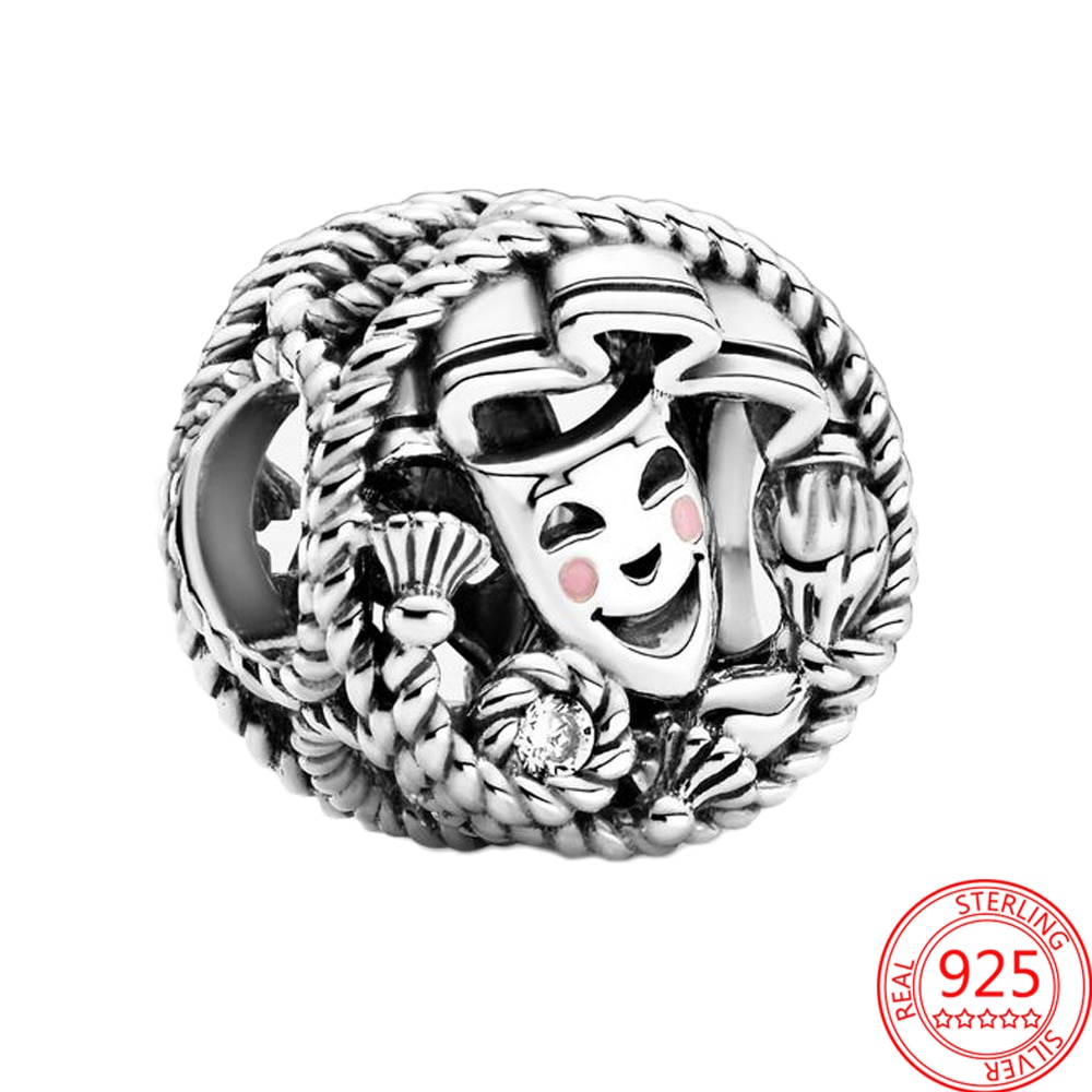Genuine 925 Sterling Silver Comedy and Tragedy Theater Mask Beaded Charm Fit Pandora Bracelet DIY Girl Jewelry Making Beads