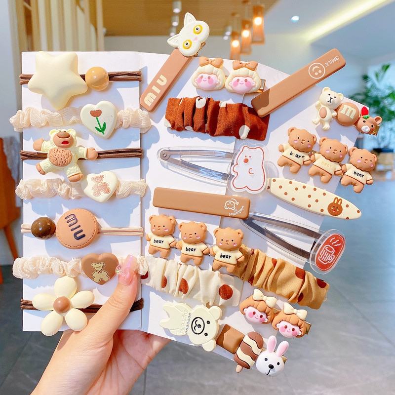 2021 New Children's Bear Duckbill Clip Hairpin Baby Hair Circle Does Not Hurt Hair Bangs Clip Rope Girl's Headdress