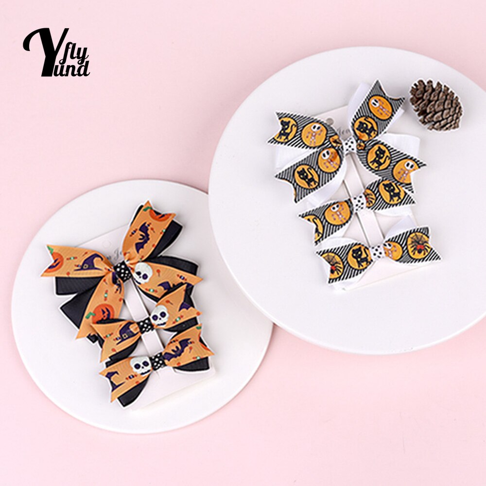 Yundfly Halloween Children's Printed Bowknot Hairpin Three Piece Set Fashion Cartoon Pattern Bows Baby Hair Clip Infant Hea