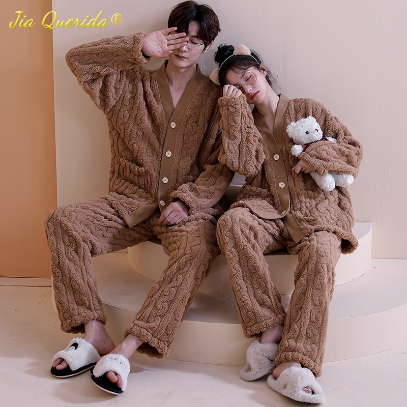 Korean Minimalist Style Preppy Winter Thick Pajamas Set for Men and Women Warm Pajama for Couple Teddy Style Sleepwear for Women