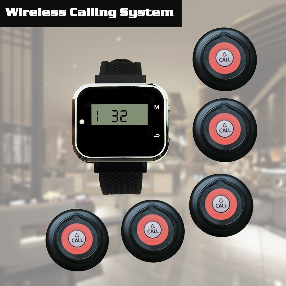 Wireless Calling Systems Buttons Restaurant Bells 5 Transmitters+1 Wristwatch Pager Receiver For Office Cafe Guest Service